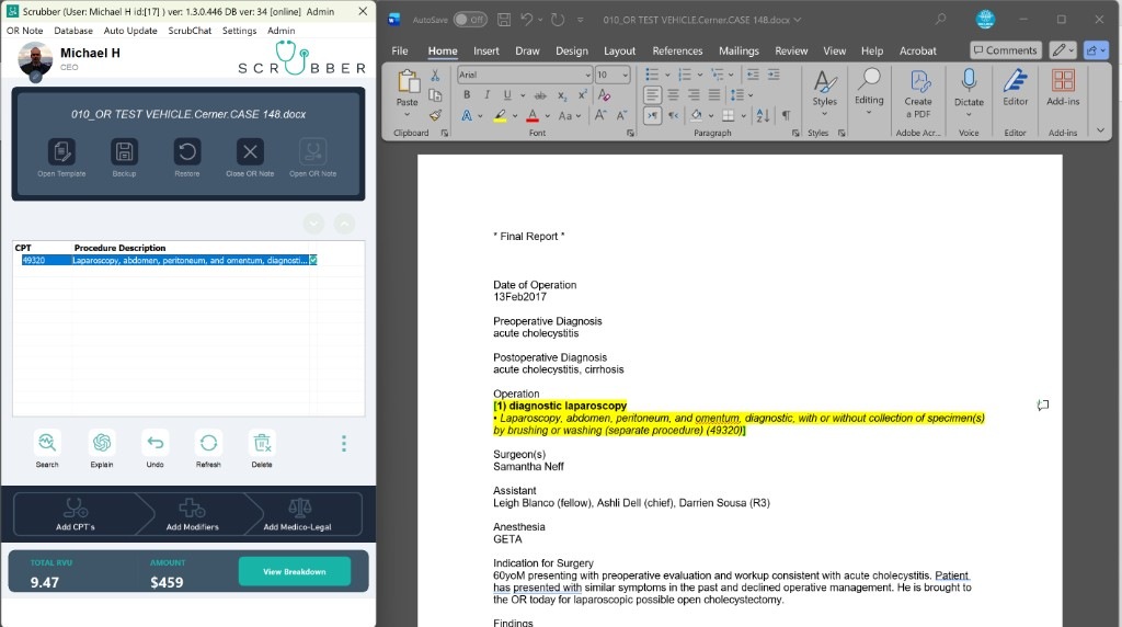 Scrubber operative-note workflow showing the real application interface.